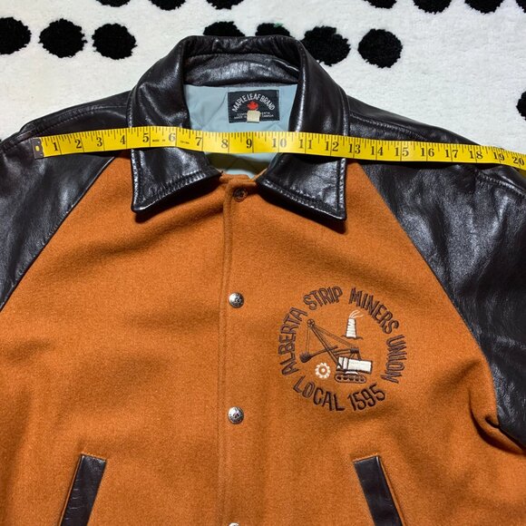 Vintage Varsity Bomber Jacket 44 Brown Wool Leather Quilt Lined Miners Union - Picture 10 of 13
